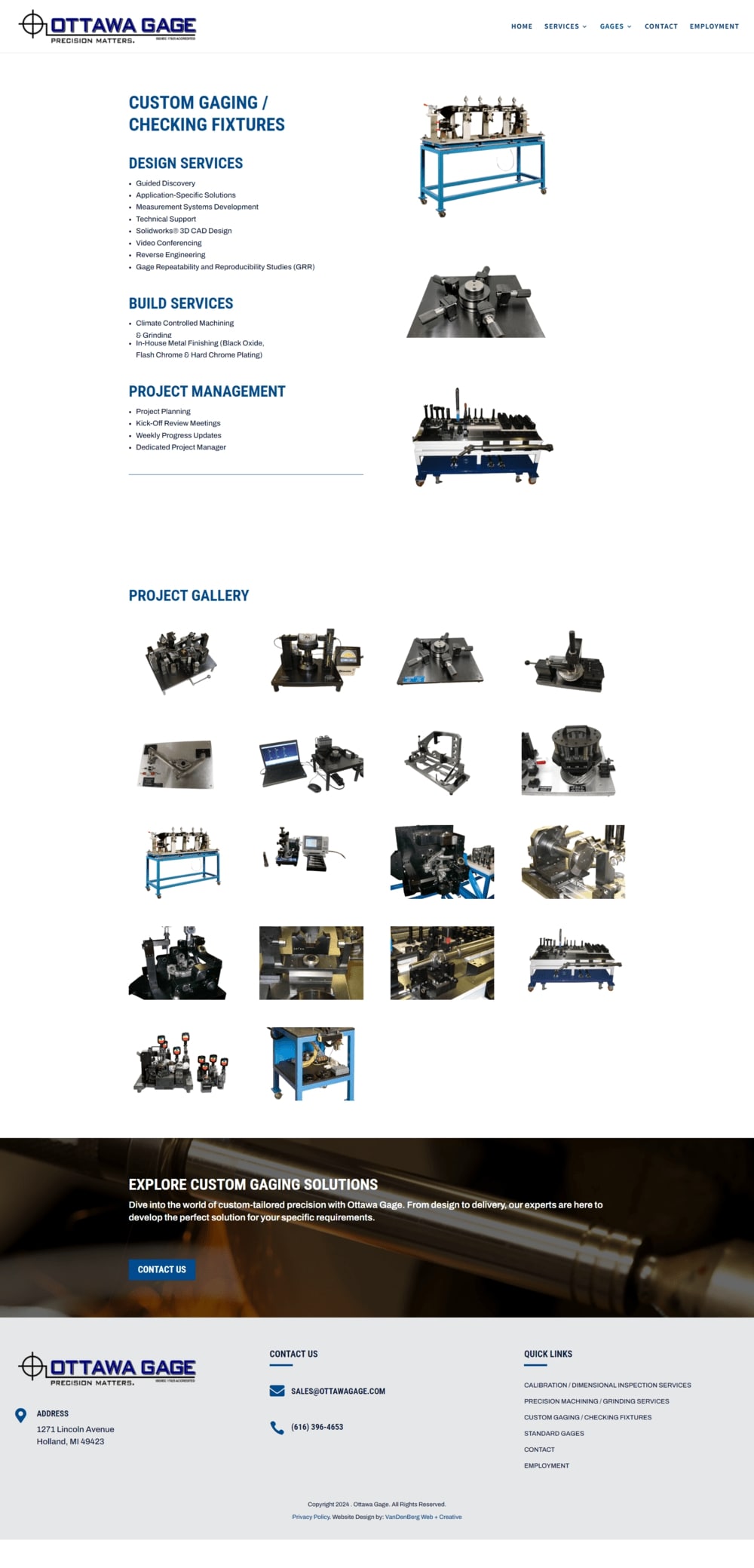 Ottawa Gage Website Design - Custom Gages Fixtures Page