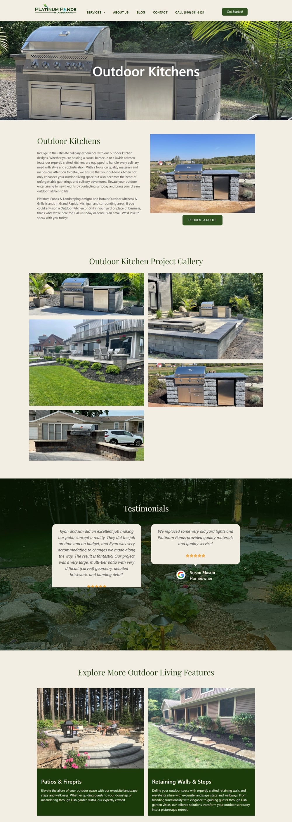 Platinum Ponds and Landscaping Website Design - Outdoor Kitchens Page