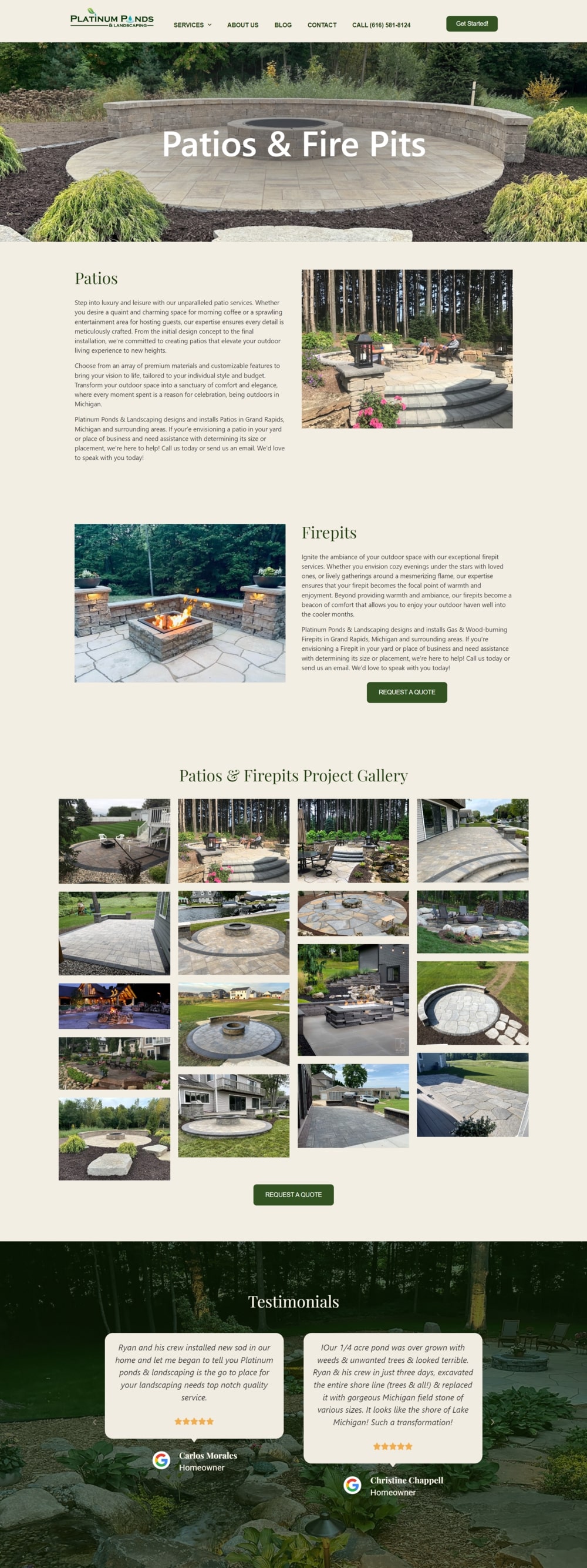 Platinum Ponds and Landscaping Website Design - Patios and Fire Pits Page
