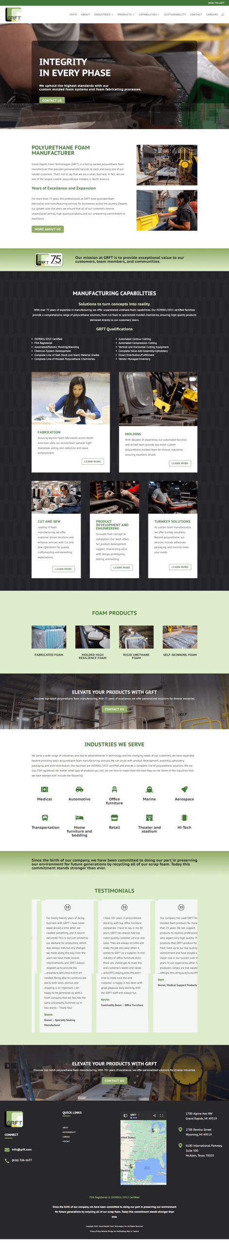 screenshot of manufacturing website redesign - grand rapids foam technologies