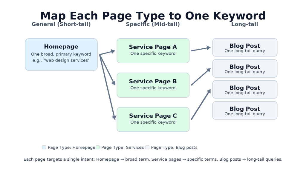 Flowchart showing each page mapped to a single keyword (homepage = general, services = specific, blog = long-tail).
