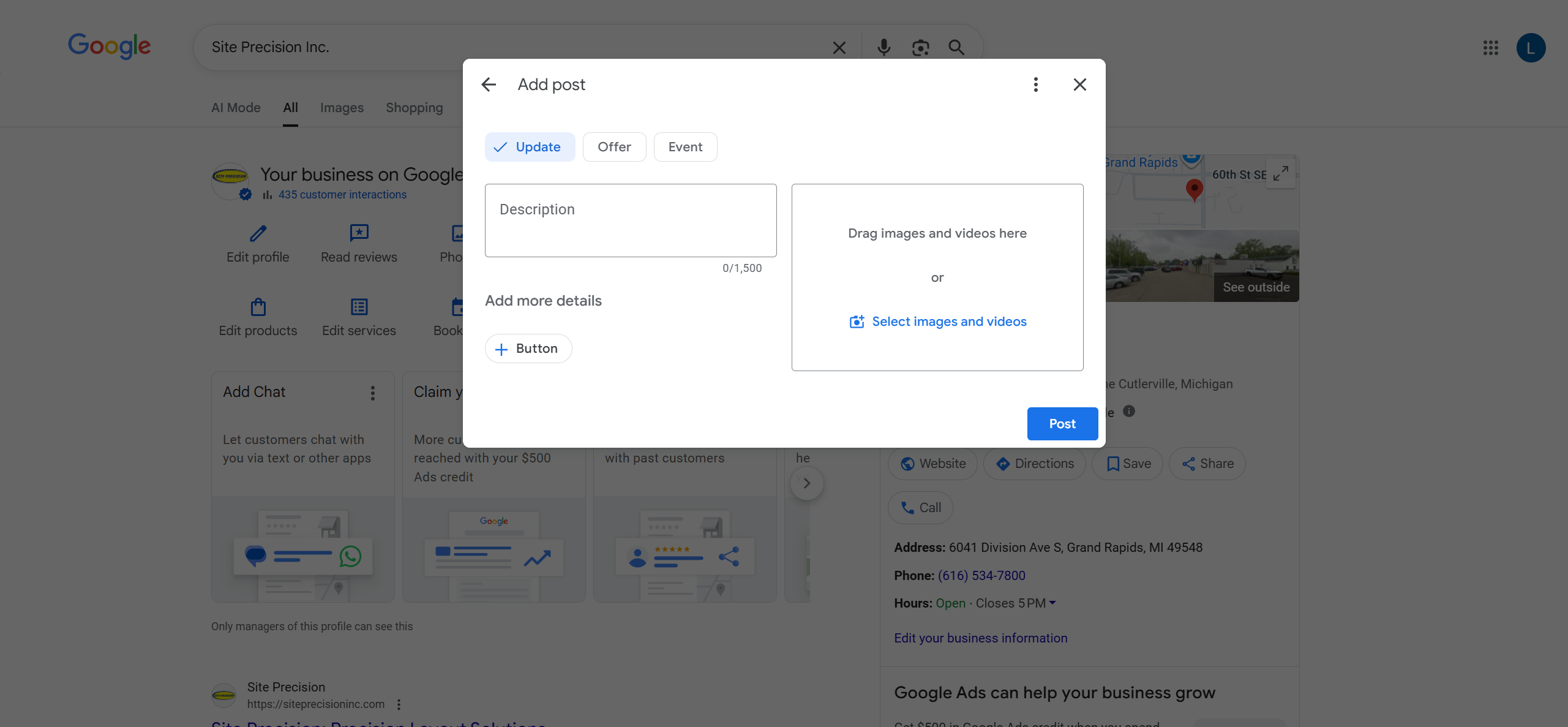Google Post Creation Tool Screenshot