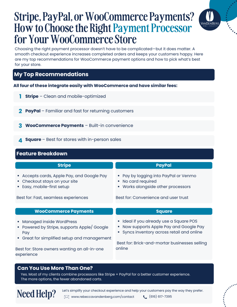 Stripe, PayPal, or WooCommerce Payments How to Choose the Right Payment Processor for Your WooCommerce Store Infographic Stripe, PayPal, or WooCommerce Payments How to Choose the Right Payment Processor for Your WooCommerce Store Infographic