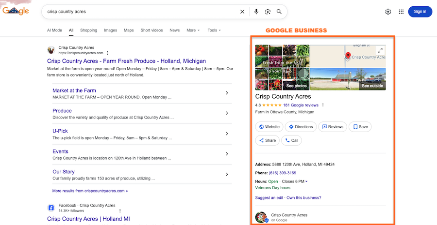 Crisp Country Acres Google Business Listing Example