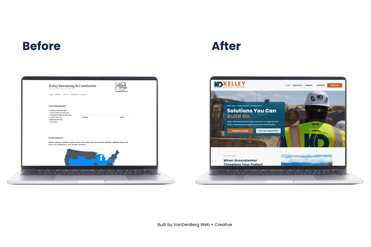 Kelley Dewatering Website Before and After Redesign Before and after comparison of the Kelley Dewatering website redesign by VanDenBerg Web + Creative